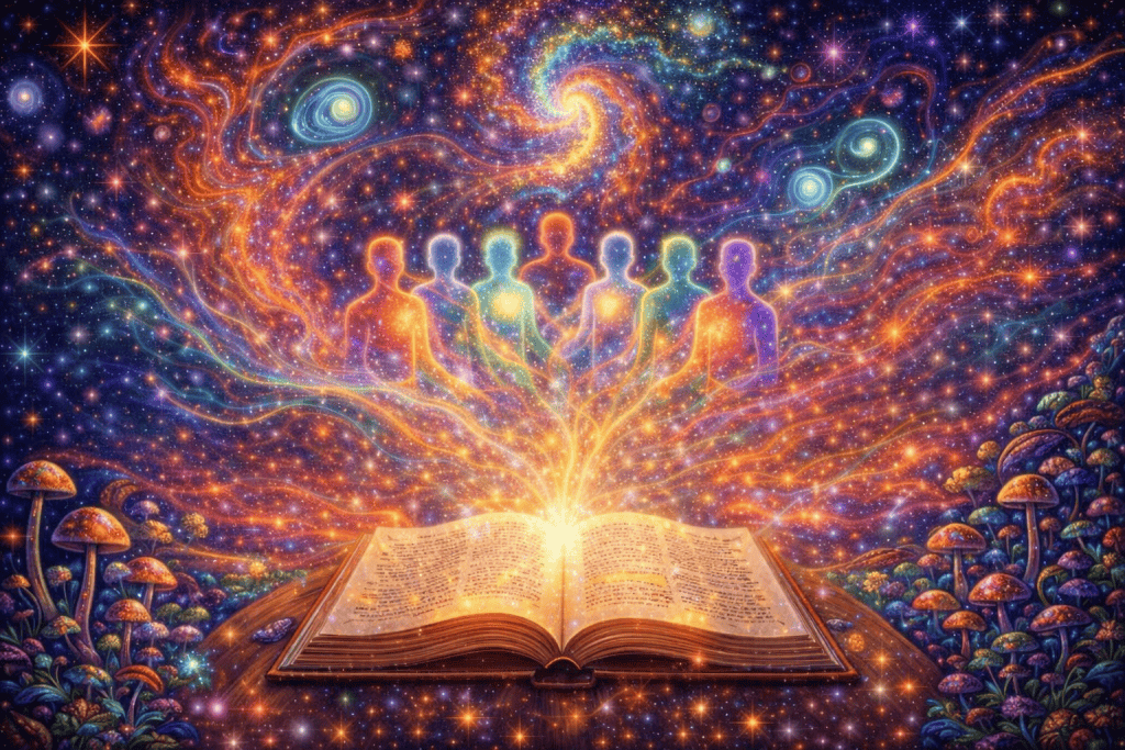 A vibrant cosmic scene with an open book and luminous figures symbolizing psychedelic healing and recovery.