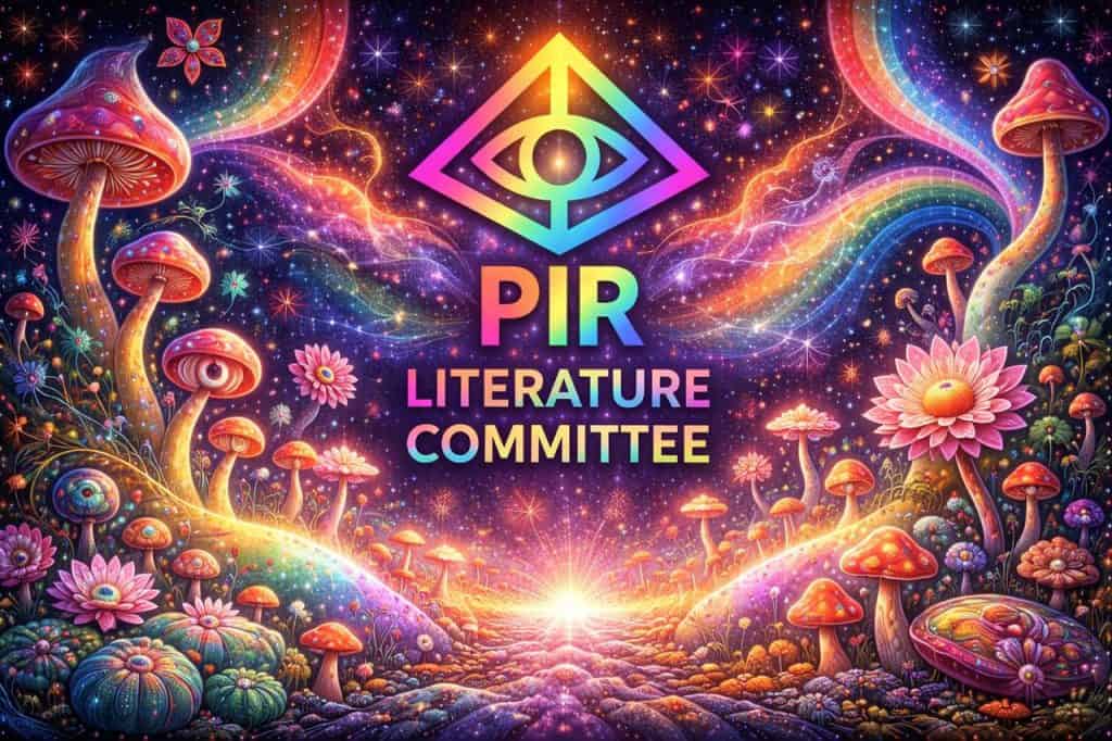 Colorful cosmic scene showcasing mushrooms and flowers in a psychedelic universe.