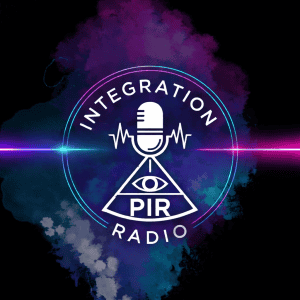 A logo for Integration Radio, featuring a microphone, eye, and soundwave, emphasizing addiction recovery, psychedelics, and mental health support.