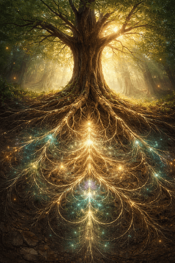 A mystical forest scene featuring a luminous tree with glowing roots symbolizing deep healing and transformation.