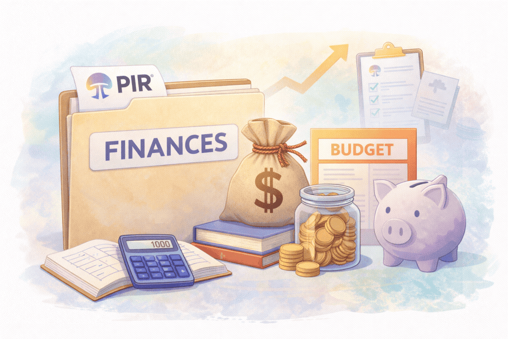 Alt text: Financial planning tools including calculator, coins, piggy bank, and budget folder for recovery services.
