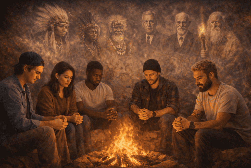 Reflective group session focused on healing and mental health through psychedelic-assisted therapy.