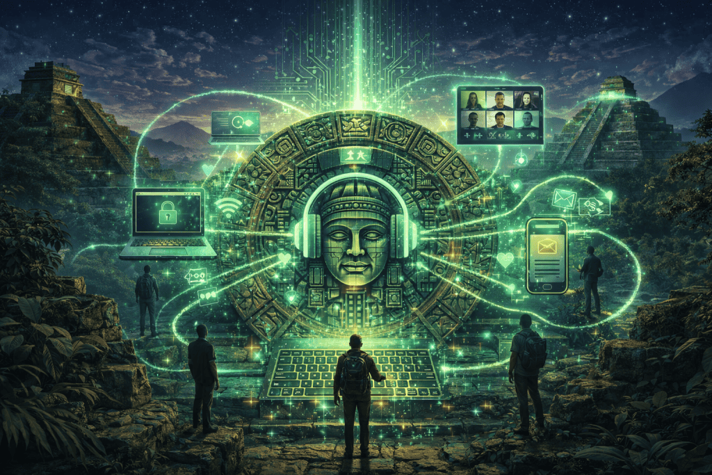 A digital, futuristic scene depicting technology and ancient ruins to illustrate innovative psychedelic healing methods.