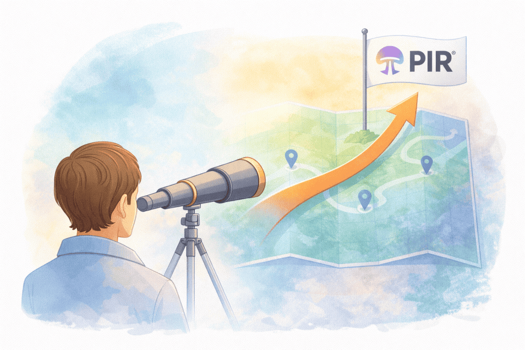 A person looks through a telescope at a rising graph with the PIR logo, symbolizing growth, progress, and support in psychedelic-assisted recovery.